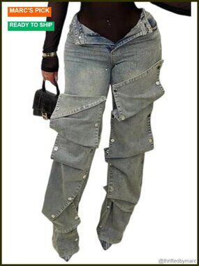 High Waisted Detachable Button Straight Leg Cargo Jeans Polyester